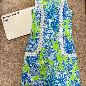 Lilly Pulitzer Green and Blue Floral Mini Dress with White Trim